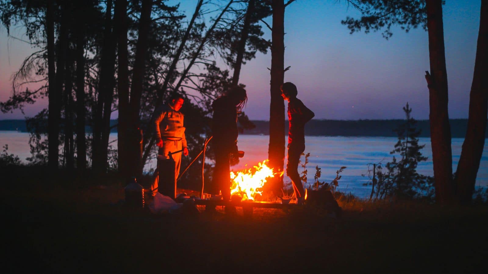 Friends silhouetted around a campfire at night. Photo by Valeriy Link via Pexels.